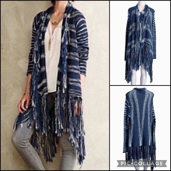 Anthro Yellow Bird Wool Alpaca Fringe Waterfall Stripe Blanket Cardigan Sweater - Picture 1 of 11